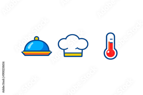 Chef hat, dinner plate, and thermometer icons show culinary themes related to cooking and food preparation in a simple design style