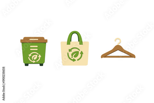 Visual representation of recycling symbols with a green bin, reusable bag, and clothes hanger showing waste management concepts in daily life