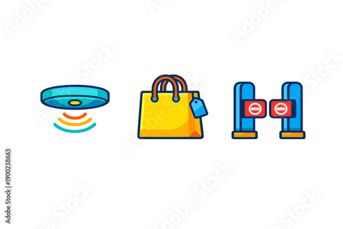 Digital icons showing a drone, shopping bag, and a turnstile suggest modern technology in retail or transportation sectors