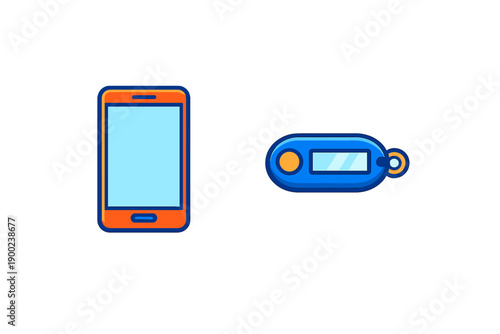 Modern smartphone and digital key fob displayed side by side in a simple layout, showing new technology and everyday items without distractions or background details