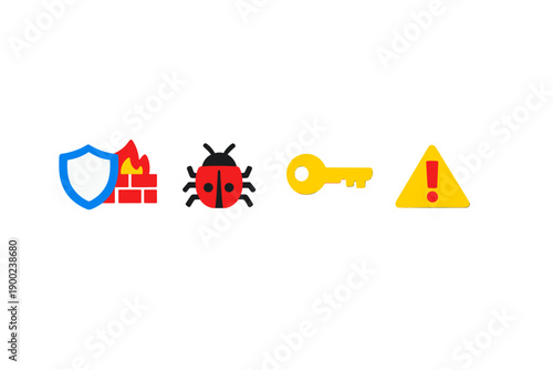 Security symbols are shown with a shield, a bug, a key, and a caution sign in a simple arrangement that indicates protection and alertness