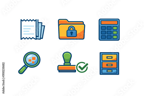 Collection of office icons showing documents, a folder, a calculator, a magnifying glass, a stamp, and a filing cabinet for administrative tasks