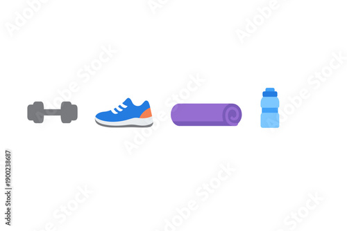 Fitness items for a workout session including dumbbell, sneaker, yoga mat, and water bottle arranged on a white background