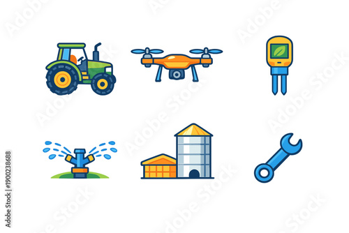 Farm equipment and technology used in agriculture such as a tractor, drone, soil tester, water system, barn, and tools on a plain background