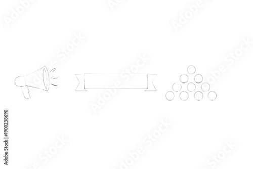 Megaphone with banner and round objects on a plain background used for announcements or promotions during events or gatherings in community spaces