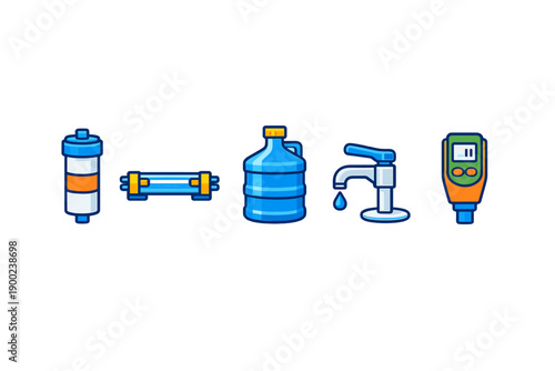 Tools for fitness and hydration found in a gym or fitness center including a filter, dumbbell, water jug, tap, and water quality tester used for health