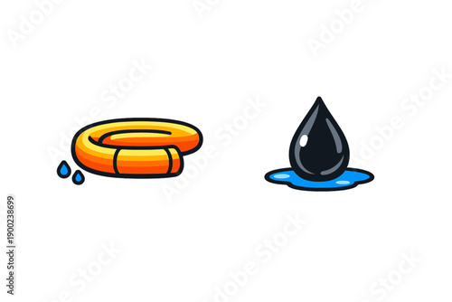 Drawing shows a lifebuoy and a water droplet with an oil splash in a simple design on a plain background
