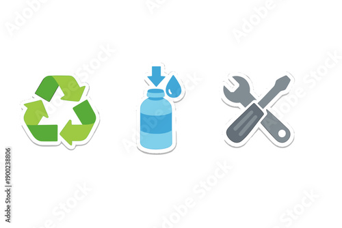 Different symbols of recycling and water conservation displayed together on a clean background to show the importance of protecting the environment and using resources wisely