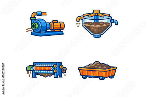 Different machines used in the process of material handling and separation in industrial settings at a fabrication site during daylight hours