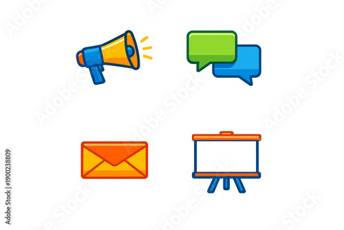 Many methods to share ideas including loudspeakers, chat bubbles, envelopes, and presentation boards