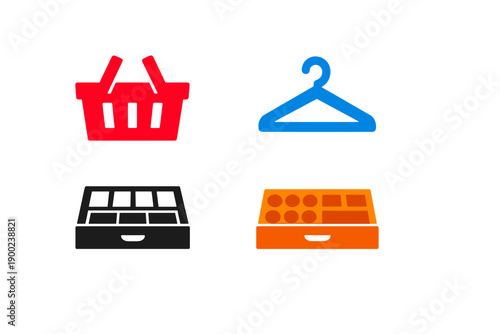 Different types of storage items for organizing various products and belongings in a simplified layout
