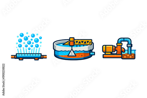 Water treatment process shows stages of filtration, sedimentation, and pumping clean water for distribution in a treatment plant