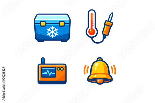Cooler, thermometer, alarm, and device displayed in a simple layout showing different tools used for monitoring temperature and alerting changes in conditions