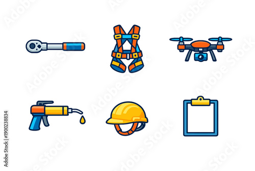 Construction tools and equipment display with harness, drone, spray gun, hard hat, and clipboard