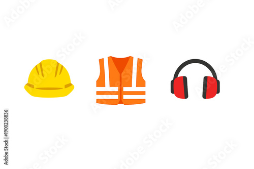 Construction safety gear including a hard hat, safety vest, and ear protection together on a white background
