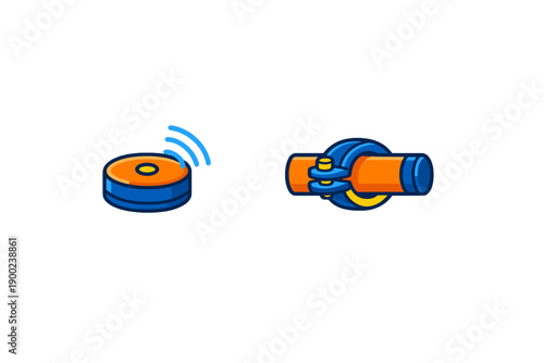 Two objects are shown side by side in simple designs, including a disk-shaped item and a cylindrical connection piece with circle details