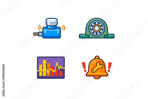 Different types of industrial sensors and alerts used in monitoring systems for equipment