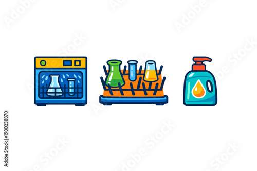 Laboratory equipment cleaning process shown with a dishwasher, drying rack, and dish soap for safe and effective cleaning at the end of a busy day