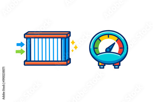 This graphic shows a filter on the left side and a pressure gauge on the right side with arrows indicating flow direction and pressure levels