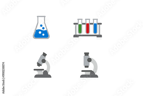Different lab equipment items including a flask, test tubes with colored liquid, and two microscopes for science experiments and educational purposes