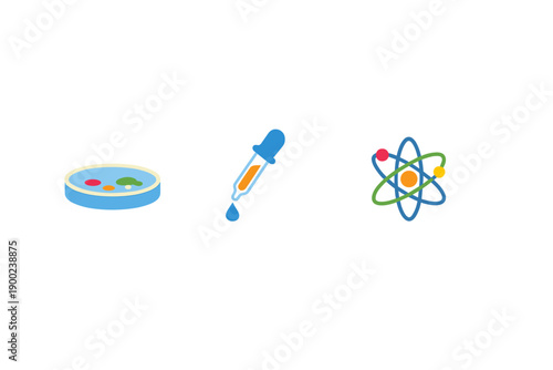 Various science symbols showing a petri dish, a pipette, and an atom in a simple arrangement highlighting laboratory tools and concepts in a scientific setting
