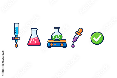 Colorful lab tools show science activities with liquids and a check mark indicating completion in a simple design