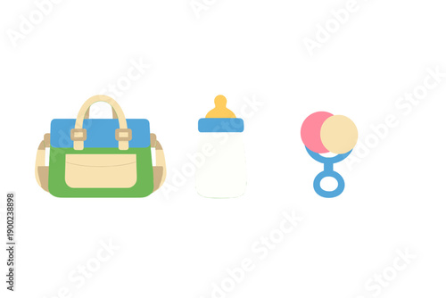 Items for a baby care routine include a bottle, a diaper bag, and a colorful pacifier on a white background