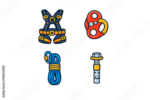 Climbing gear displayed includes harness, carabiner, rope, and bolt used for outdoor rock climbing and mountaineering activities