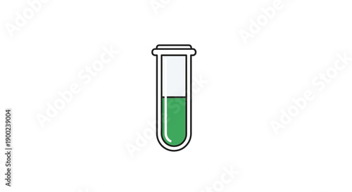 A laboratory test tube containing a green liquid substance is shown vertically with a stopper, representing chemical analysis or testing.