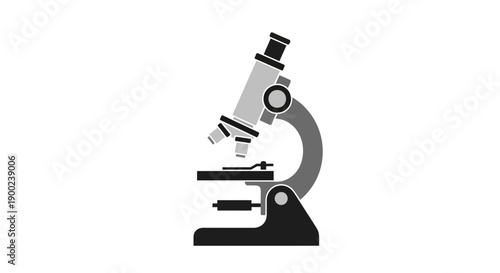 A monochromatic illustration of a standard laboratory compound microscope is shown in profile view for scientific research concepts.