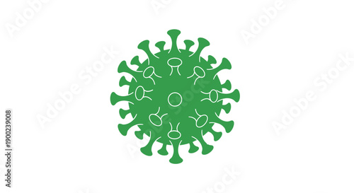 A detailed green graphic representation of a virus particle with numerous spikes is isolated on a plain white background for medical communication.