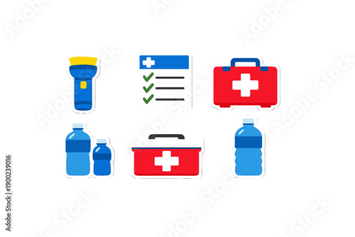 Items for an emergency kit include a flashlight, medical checklist, first aid kit, bottled water, and medical supplies for various situations in a home setting