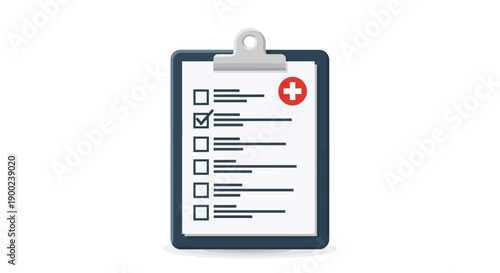 Clipboard with a medical checklist and a red cross symbol indicates successful completion of health screening procedures.