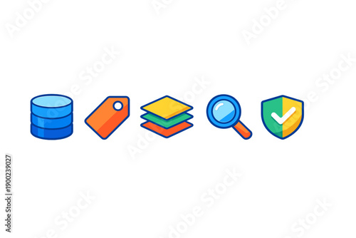 Icons represent database management, product tagging, layered data, search functionality, and data security in a digital environment
