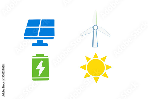 Symbols of renewable energy sources including solar panels, wind turbines, batteries, and the sun used to represent clean energy options