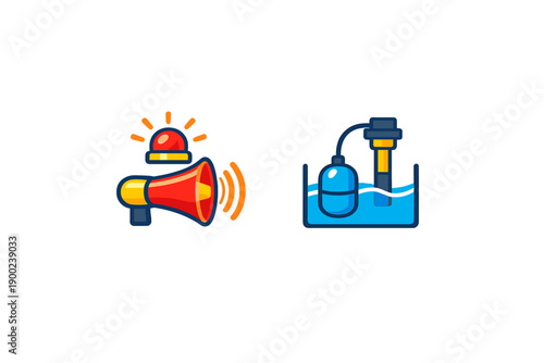 Sound alarm system and water pump design showing a megaphone with a siren and a submerged pump in water during a safety alert