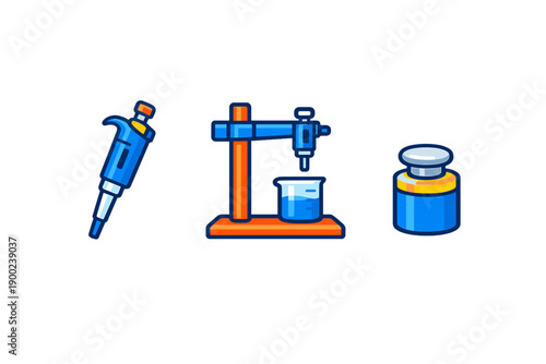 Laboratory tools used in scientific experiments with a pipette, stand, and flask arranged in a line for educational purposes at a school or research facility