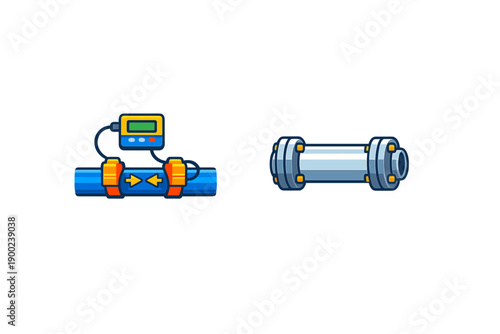 Two different designs of pipes showing a digital gauge and a simple pipe structure used in plumbing and industrial applications at a construction site