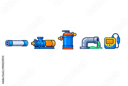 Various tools and equipment for water management displayed in a row showing filtration, pumping, and monitoring devices used in plumbing tasks