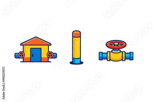 Colorful water supply system components with a facility, a pole and a valve designed for utility work in an urban setting