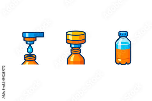 Canvas Print Bottle filling process includes water dispensation, cap insertion, and sealed bo