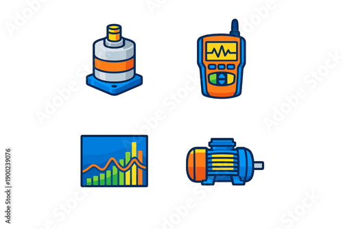 Icons representing industrial equipment and measuring tools used in engineering and manufacturing, shown with clear designs and vibrant colors