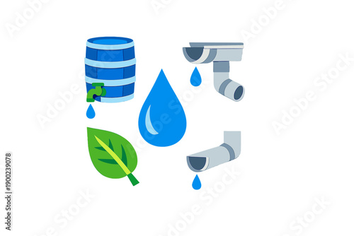 Collection of water-related items including a barrel, water droplet, leaf, and pipes showing concepts of water conservation and collection