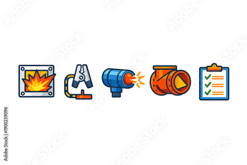 Safety symbols show different tools and actions used in handling hazardous situations in a work setting