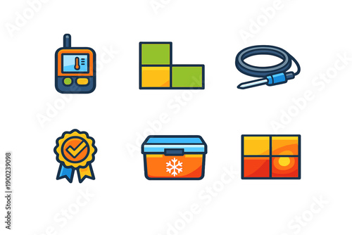 Collection of colored tools and symbols used in various tasks, including measuring and organizing, displayed on a simple white background
