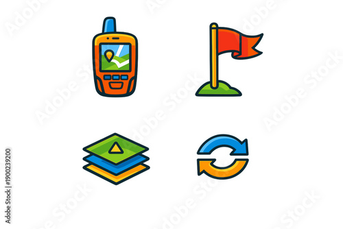 Icons showing GPS device, flag, map layers, and refresh symbol representing navigation and mapping tools for location tracking and updates