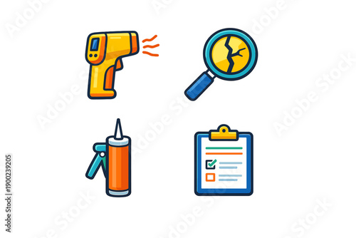 Tools for inspection and repair are shown in a simple design with a temperature gun, magnifying glass, sealant gun, and checklist on a clipboard for various tasks