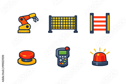 Collection of icons showing different types of machinery, tools, and devices often used in factory and workshop settings to assist in operations and safety