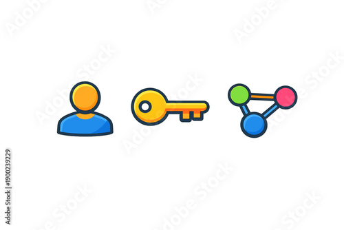 Icons showing a person, a key, and interconnected circles with colored dots representing security, access, and connection in a digital space