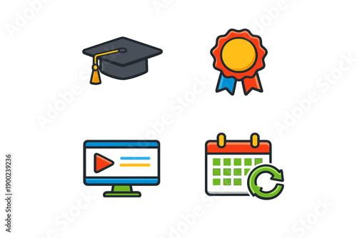 Icons show different elements of online learning and achievement in education, including a graduation cap, a medal, a computer screen with a play button, and a calendar